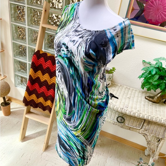 Vintage ESCADA Sport 00s Y2K “Fantasy” Draped Midi Tube Dress XS 32 Blue Green - Picture 4 of 10